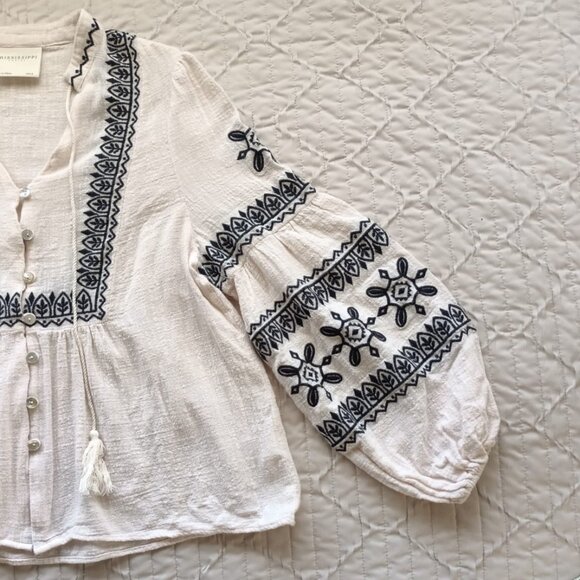 100% Cotton Peasant Blouse with Embroidery and Dramatic Bell Sleeves - Picture 3 of 9